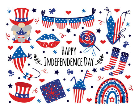 America Independence Day vector set. Symbol of liberty - patriotic gnome, USA flag swimsuit, rainbow, gift, kite, garland. National holiday July 4th, summer event. Flat cartoon clipart for print, web