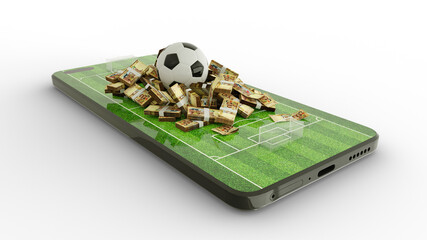 3d rendering of Mobile phone Soccer betting. Football and Bolivian boliviano notes on phone screen. Soccer field on smartphone screen isolated on transparent background. bet and win concept © RODWORKS