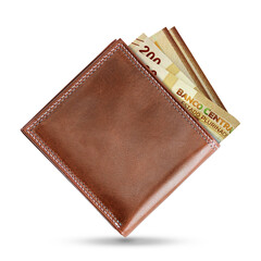 3D rendering of Bolivian boliviano notes in a brown leather men’s wallet. Bolivian bolivianos in wallet

