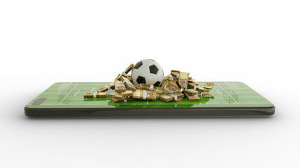 3d rendering of Mobile phone Soccer betting. Football and notes on phone screen. Soccer field on smartphone screen isolated on white background. bet and win concept  © RODWORKS