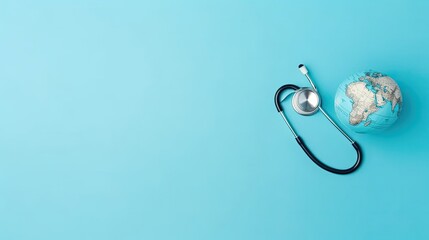 stethoscope and miniature earth on blue background for World Health day sale banner