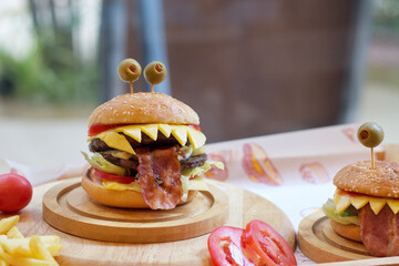 Funny party halloween monster burger on, halloween festive