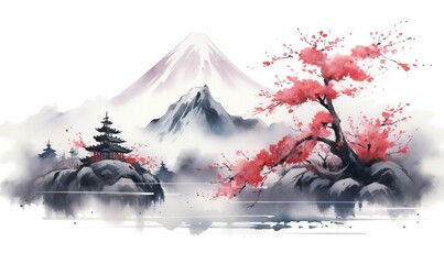 Chinese ink landscape painting created digitally Japan traditional ink illustration background © EnelEva