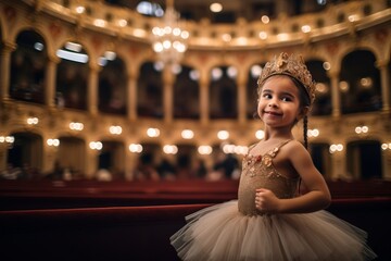 Cute little girl in a beautiful dress and crown sitting in the church - obrazy, fototapety, plakaty