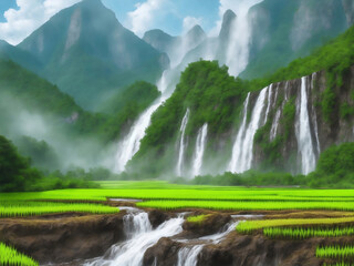 Green rice field beautiful nature, Generative AI Illustration.