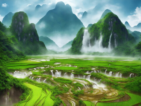 Rice field with mountain and waterfall in Thailand, Generative AI Illustration.
