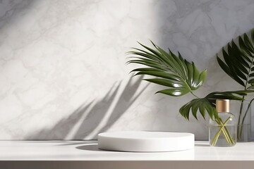 Marble stone counter table top, in sunlight, palm foliage leaf shadow on concrete wall background