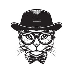 funny hipster cat, vintage logo line art concept black and white color, hand drawn illustration