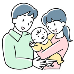 赤ちゃんを笑顔で見守る若い両親の上半身