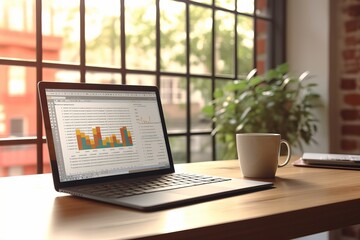 laptop next to a window with charts on it next to a cup of coffee, work from home