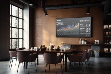 Large TV screen with charts on it in a modern looking meeting room