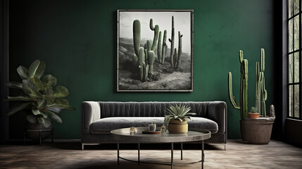 Eco Luxe Living, Enchanting Green Wall Art Oasis with Table, Cactus, and Framed Poster