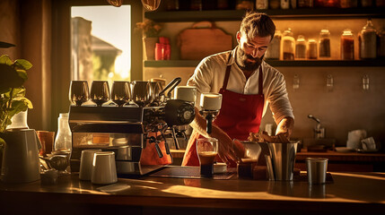 Generative AI image of a Barista preparing coffee using the coffee machine in his shop early in the morning