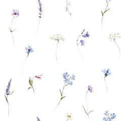 Watercolor seamless pattern white background - illustration with green leaves, pink blue yellow buds and branches. Wild field herbs flowers. Wedding invites, fashion, prints, backgrounds. Wildflowers. © Veris Studio