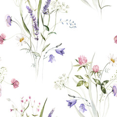 Obraz na płótnie Canvas Watercolor seamless pattern white background - illustration with green leaves, pink blue yellow buds and branches. Wild field herbs flowers. Wedding invites, fashion, prints, backgrounds. Wildflowers.