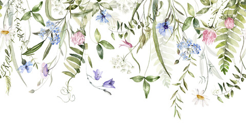 Wild field herbs flowers. Watercolor seamless border - illustration with green leaves, pink yellow buds and branches. Wedding stationery, wallpapers, fashion, backgrounds, textures. Wildflowers. - 608877515