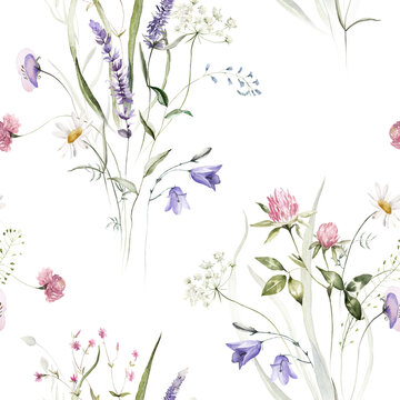 Watercolor seamless pattern white background - illustration with green leaves, pink blue yellow buds and branches. Wild field herbs flowers. Wedding invites, fashion, prints, backgrounds. Wildflowers.