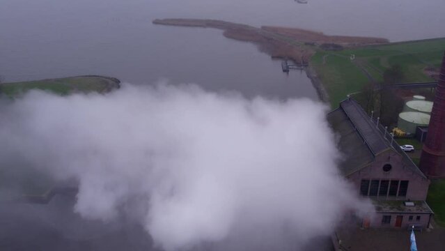 Flying over D.F. Woudagemaal Steam Pumping Station in Lemmer, Aerial 4k