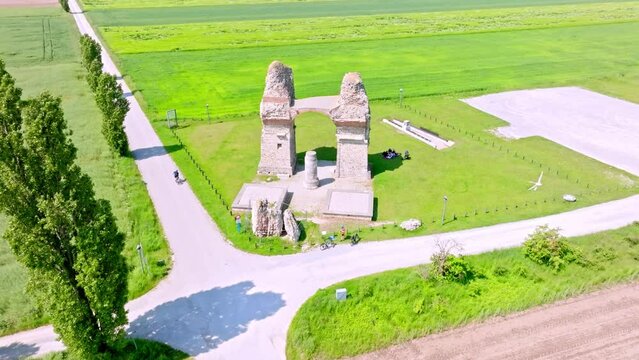 Heidentor, Historic Site Of Romans Settlement In Carnuntum, Austria - aerial drone shot