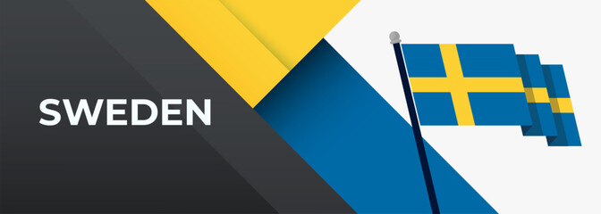 Sweden national day banner design. Swedish flag theme graphic web art background. Abstract celebration pattern, blue yellow color. Sweden flag geometric ribbon vector Scandinavia.