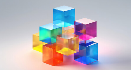 Multicolored glass cubes on a light background. Abstract colorful wallpaper.