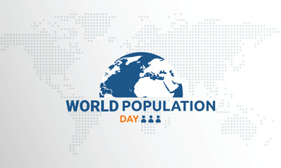 World Population Day, with group of colorful raise arms on dot world map dark blue background vector design.