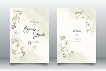 Fototapeta na wymiar Floral wedding invitation template set with white flower and leaves decoration Premium Vector