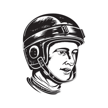 ice hokey player in helmet, vintage logo line art concept black and white color, hand drawn illustration