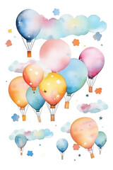 sky fly balloon watercolor clipart cute isolated on white background