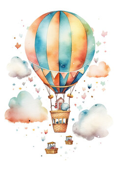 sky fly balloon watercolor clipart cute isolated on white background
