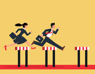 Businessmen and women jumping over hurdle. concept overcoming obstacles and achieving the goal