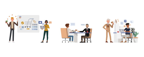 Set of office man and woman character vector design. Business people working in office planning, thinking and economic analysis.