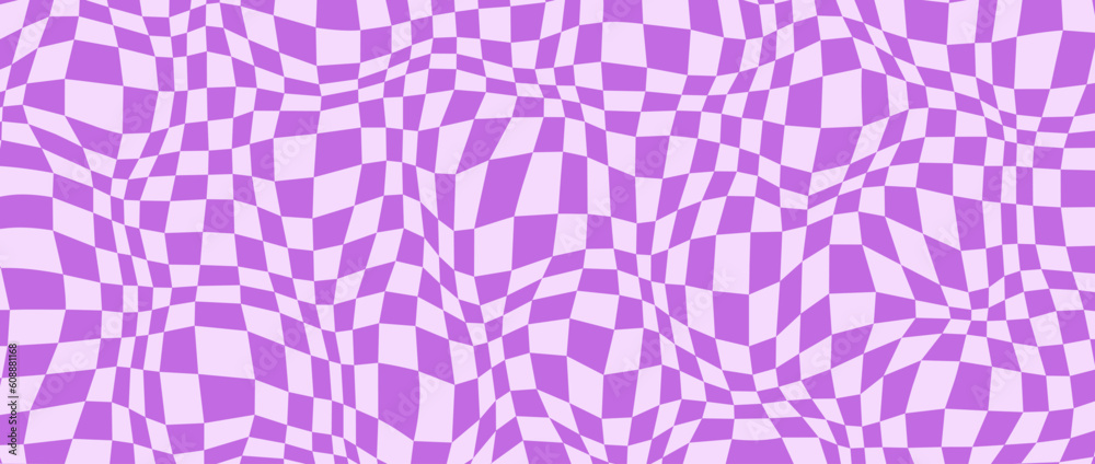 Poster Trippy distorted checkerboard background. Purple violet psychedelic checkered wallpaper. Wavy groovy chessboard surface. Twisted geometric pattern. Abstract retro vector backdrop