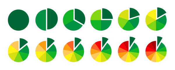 Multicolored circle sections collection. Pie charts diagrams in progress colors. Infographic round elements set. Pack of 1 to 12 slices and sectors. Process phases and stages of cycle. Vector