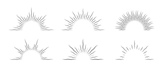 Half curved sunburst frame set. Vintage sunrise and sunset collection. Warped half circle sunlight rays pack. Retro sunbeams design element for logo, label, badge, banner, icon. Vector bundle