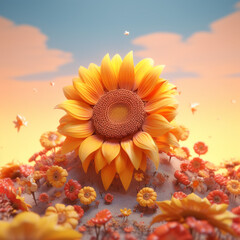 3D render cartoon sunflower in middle of image AI generated