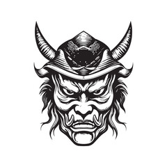 mask of samurai, vintage logo line art concept black and white color, hand drawn illustration