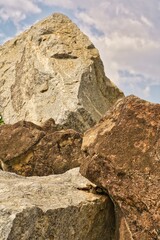 A. photo of stone wall in the mountains of a valley