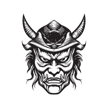 recommend clip art: mask of samurai, vintage logo line art concept black and white color, hand drawn illustration