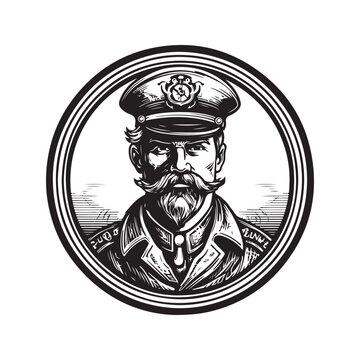 mercenary captain, vintage logo line art concept black and white color, hand drawn illustration
