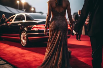 Couple arriving with limousine walking red carpet, Woman in a luxurious dress on a red carpet. Generative AI - obrazy, fototapety, plakaty