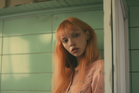 Portrait Of A Red Haired Woman Wearing A Pastel Dress