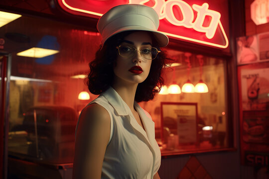 portrait of a female server in front of a diner with neon sign