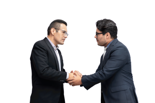 two young hispanic businessmen shaking hands on a white background