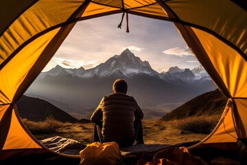 Fototapeta na wymiar A person enjoying the view of a scenic mountain range from a tent Generative AI