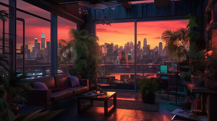 3d illustration city at dusk in living room - obrazy, fototapety, plakaty