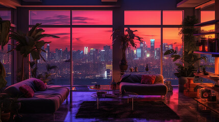 Obraz na płótnie Canvas 3d illustration city at dusk in living room