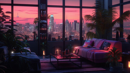 3d illustration city at dusk in living room