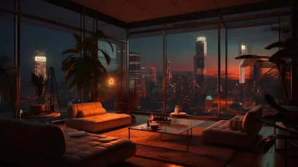 Zelfklevend Fotobehang 3d illustration city at dusk in living room © Absent Satu