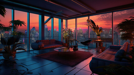 Fototapeta premium 3d illustration city at dusk in living room